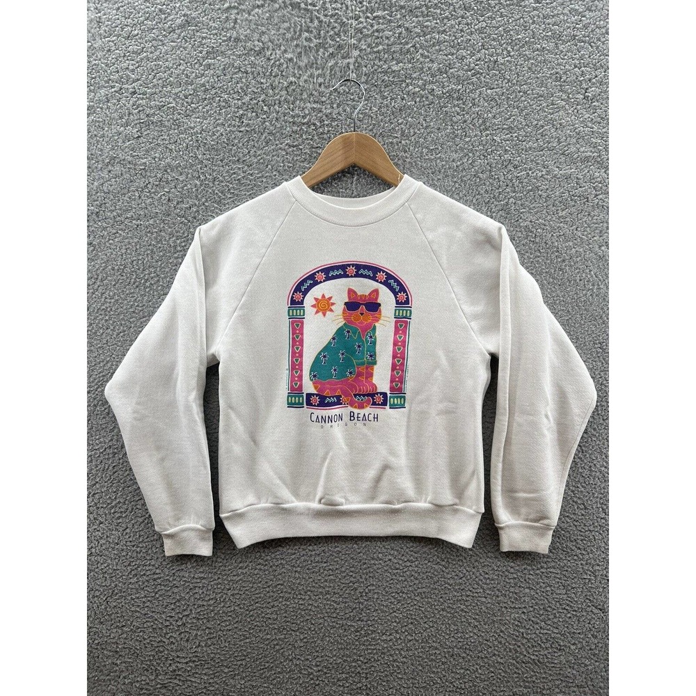 Jerzees Vintage Abstract Cat Cannon Beach Oregon White Youth Size Large 14-16